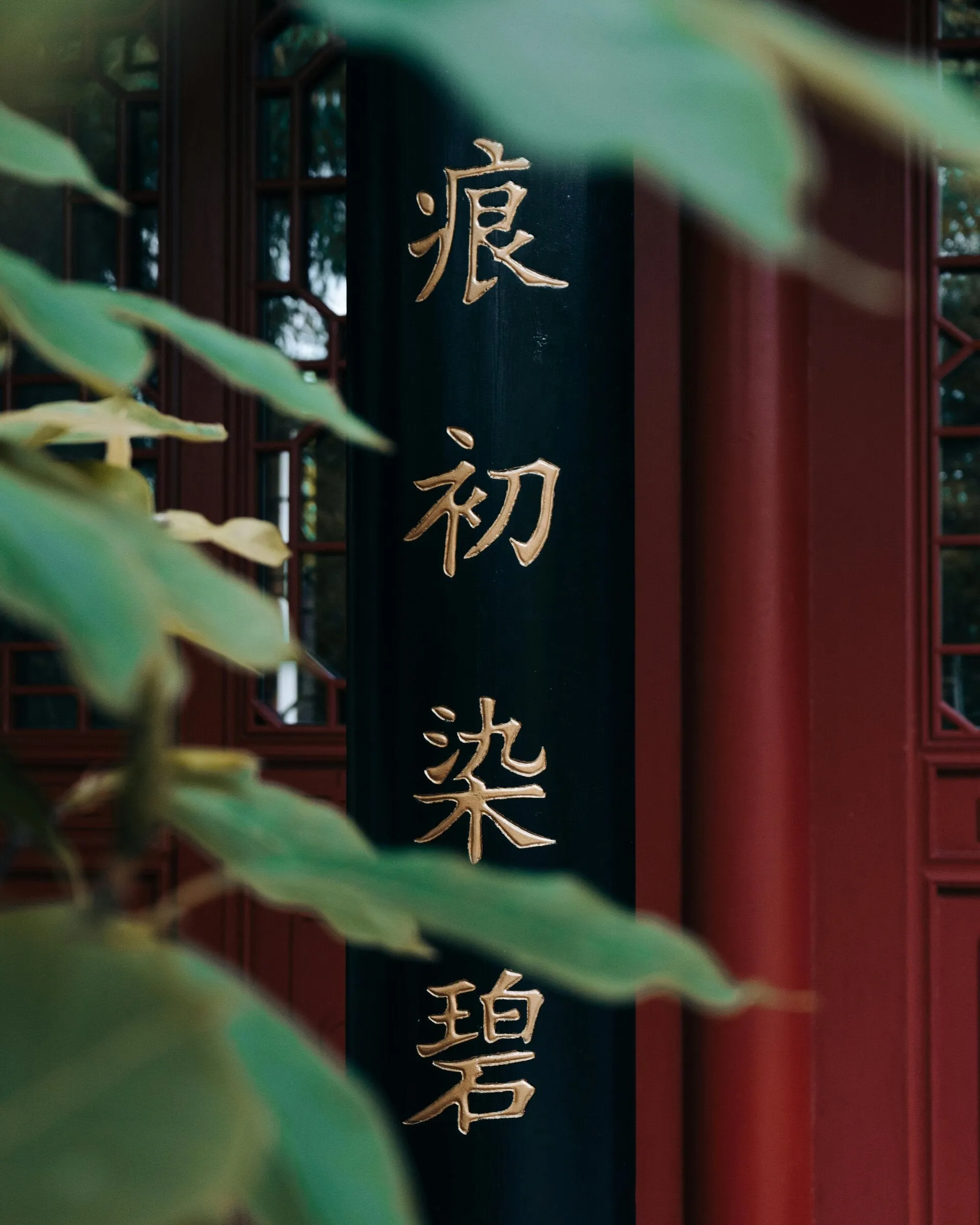 Chinese karakters in goud op een donkere pilaar, achter groene bladeren